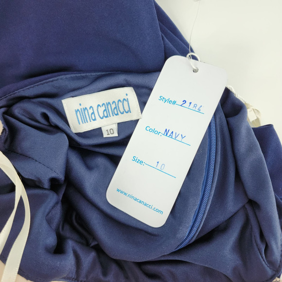 Nina Canacci Formal Evening Dress 10 Embellished Beaded Cut Out Navy‎ Blue Cream - Picture 6 of 15